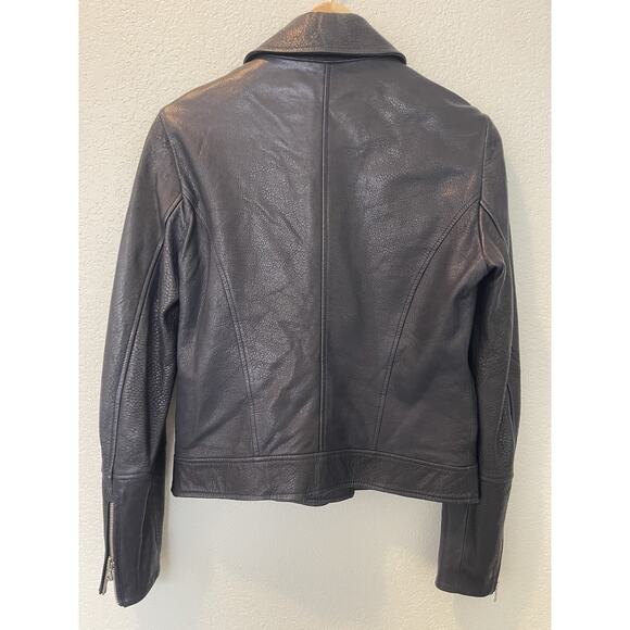 Massimo Dutti Leather Asymmetrical Zip Moto Biker Jacket Navy Women's Size M - Picture 3 of 12